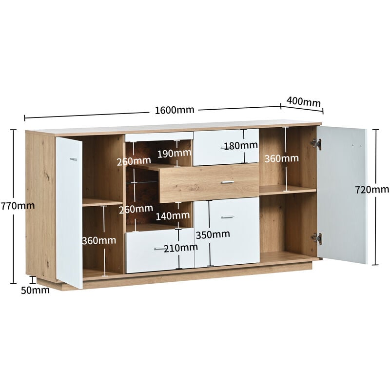 L&h-cfcahl - 160x40x77cm Armoire sideboard moderne avec beaucoup d'espace de rangement, avec éclairage led, 2 portes, 4 tiroirs, étagère en verre,