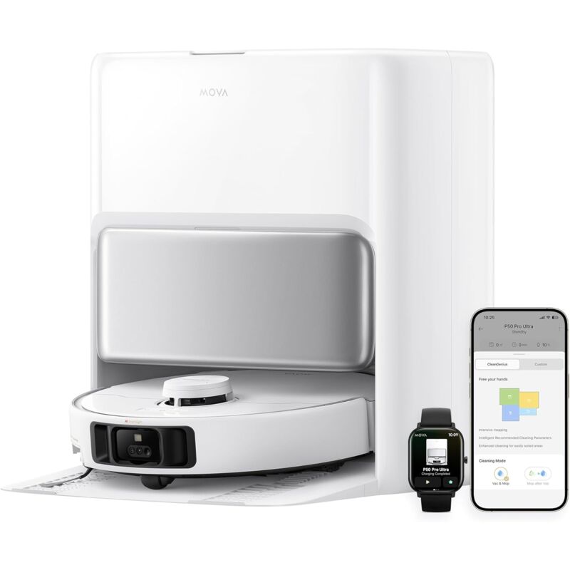 Mova - P50 Pro Ultra Robot aspirateur avec lingette adaptative, puissance d'aspiration de 19 000 Pa
