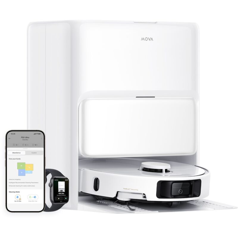Mova Robot aspirateur P50 Ultra avec serpillère flexible, puissance d'aspiration 19 000 Pa, nettoyage des coins aux bords