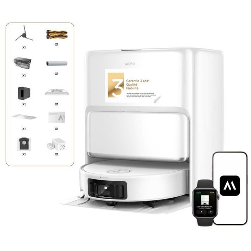 MOVA  Z60 Roller SA, aspirateur 26 000 Pa, laser double ligne + RGB AI, DuoBrush TroboWave&trade; relevable, LED anti-enchev&ecirc;trement