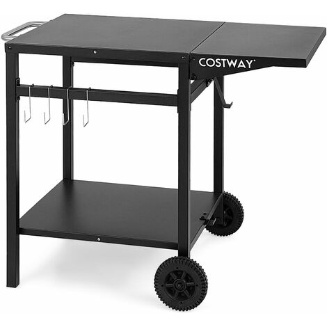 Movable Grill Dining Cart Double-Shelf Pizza Oven Serving Trolley Extended Side