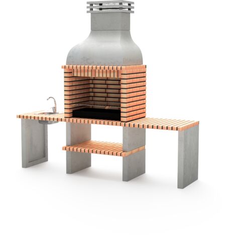 MOVELAR - Barbacoa de Obra Prefabricada de Leña y Carbón Modelo Altea Plus (Gris, Naranja - 268 x 70 x 255 cm) REF: M00044 - Cocina de Exterior con Lavabo para Jardín y Terraza