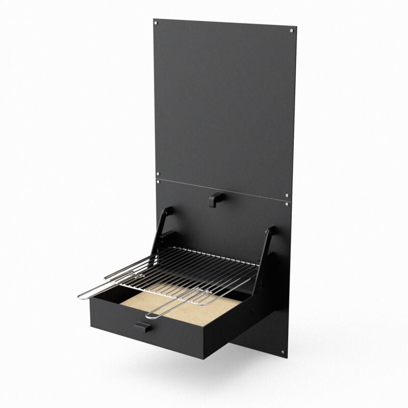 Maestro Ferretero - tuozi - Barbecue mural fixe pour bois et charbon modèle wall iBBQ avec plaque de protection (Noir - 58,5 x 57 x 114 cm) ref: