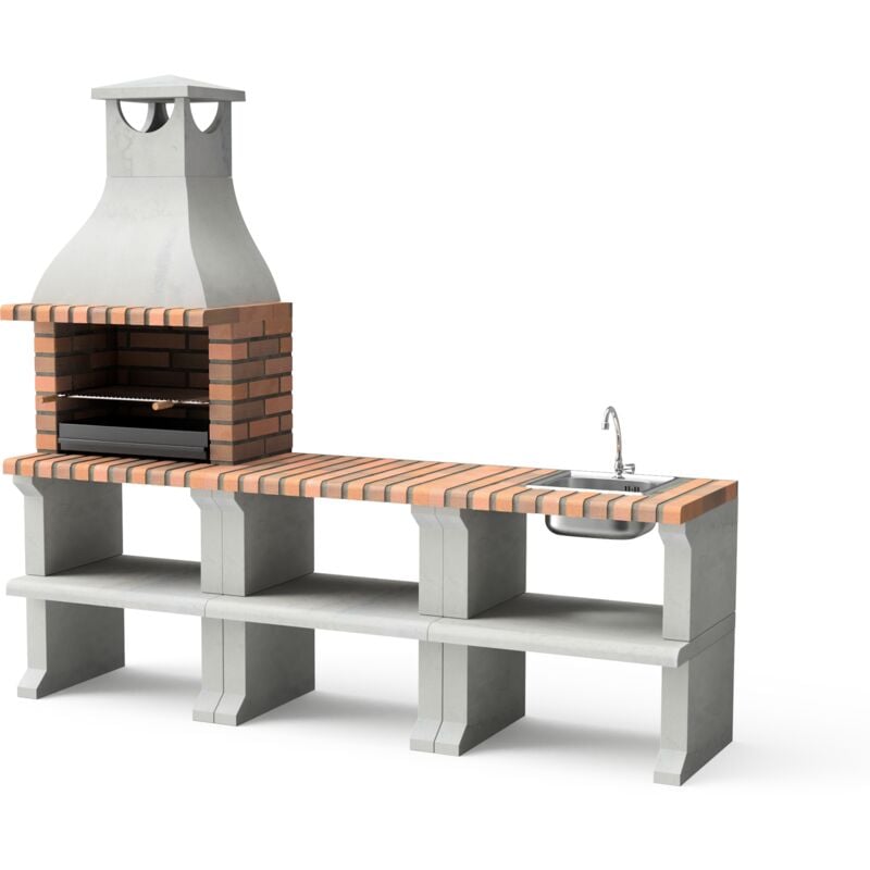 MOVELAR - Barbecue préfabriqué à bois et charbon de bois Modèle PACK 3 RAGUSA (Gris / Terre cuite - 228 x 58 x 207 cm) REF : M00904 - Usage Extérieur