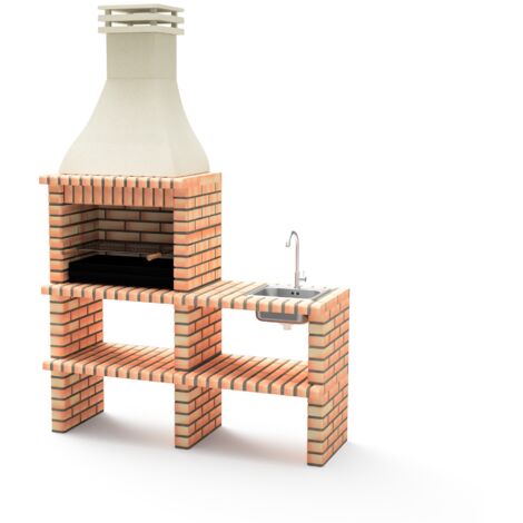 MOVELAR - Modulo para Barbacoa de Obra Modelo KHIVA PLUS con SOPORTE LATERAL COMPLETO con Fregadero y Grifo y con BRASERO (Naranja/Beige - 164 x 58 x 246 cm) REF: M01025 - Uso en Exteriores
