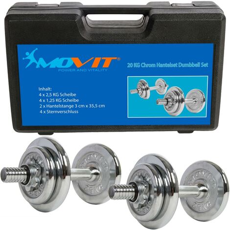 MOVIT® Set d'haltères complet chromé 20 kg: 2x haltère avec vis de serrage en étoile et 8 disques d'haltère (4 x 2,5 kg + 4 x 1,25 kg)