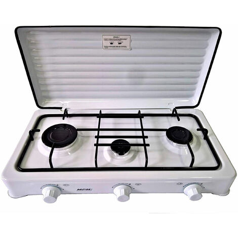 MPM KN-03/1K Cuisinière à gaz portable pour le camping, 3 brûleurs, blanc Blanc - Blanc