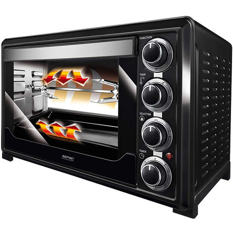 MPM MPE-05/T Horno Convección Sobremesa, 32L, Acero Inox, Asador Giratorio Pollos, Temporizador, Ajuste Temperatura 1600W Negro