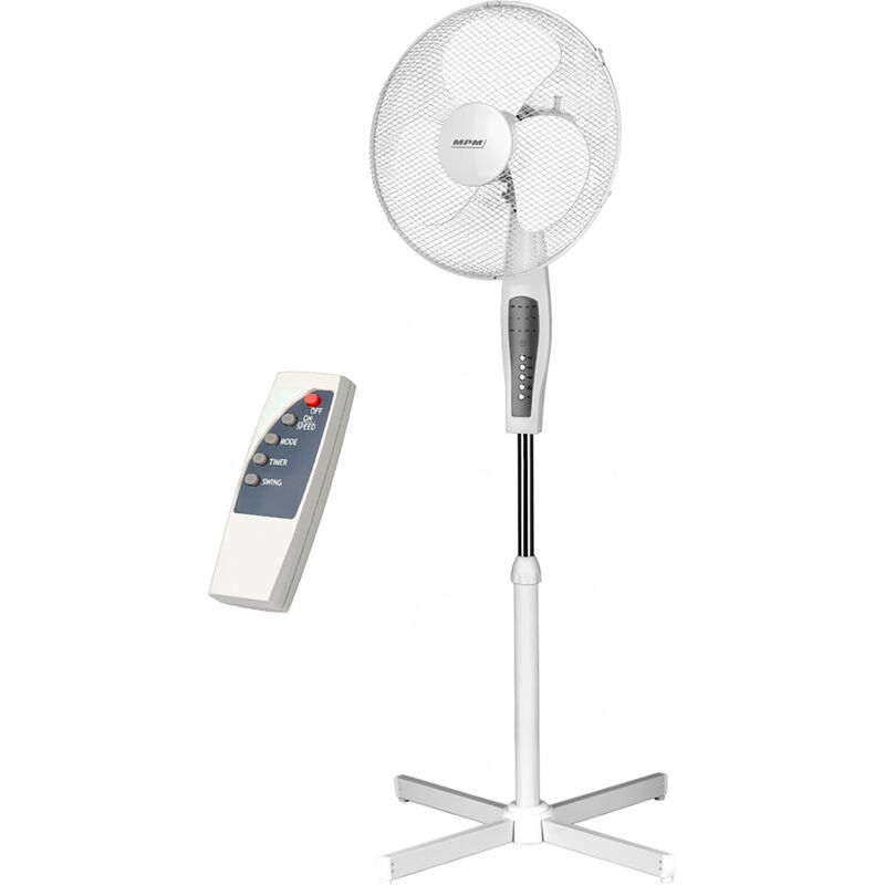 MPM - MWP-19 Ventilateur à pied pivotant, 42 cm, réglable en hauteur, minuterie de 7,5 heures 50W Blanc