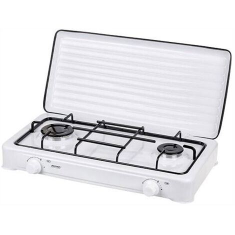 MPM SML-KN-02/1K Cocina Gas Portátil Camping, 2 Quemadores, Rejilla Esmaltada, Tapa Protectora, Normativa G30-37 mbar  Blanco