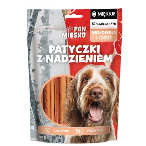 Mr. Meat  Premios blandos para perros  Paquete de 100 g - Palitos con relleno - Ternera y salmón 100 g