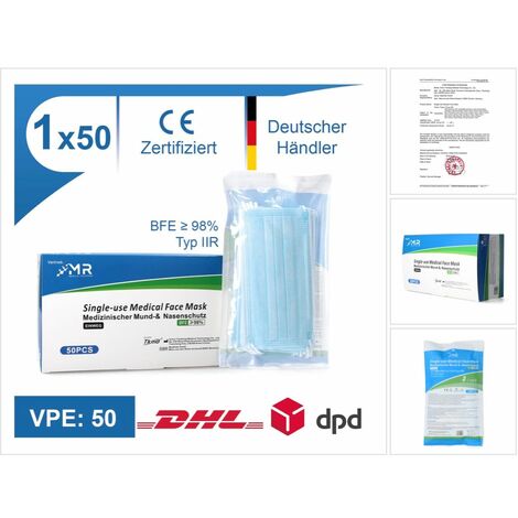 MR Solutions Masque de protection nasale et bucale medical, Filtration BFE 98 % EN 14683:2019+AC:2019 Type IIR, Masque chururgical 3 plis, 50 pcs.