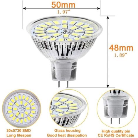 MR16 Ampoule LED Lampe Bulb, GU5.3 5W Lumière LED, Equivalent 50W Ampoule Halogène Blanc Froid 6000K 450LM AC/DC 12V-24V Non-dimmable Spot LED (Lot de 10) [Classe énergétique F]