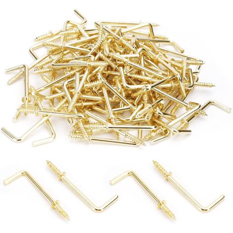 MroMax Lot de 100 crochets à visser en laiton, crochets d'épaule de 3,8 cm, crochets à vis à 7 formes, crochets à médaille à angle droit, crochets à vis autotaraudeuses en forme de L, crochets dorés