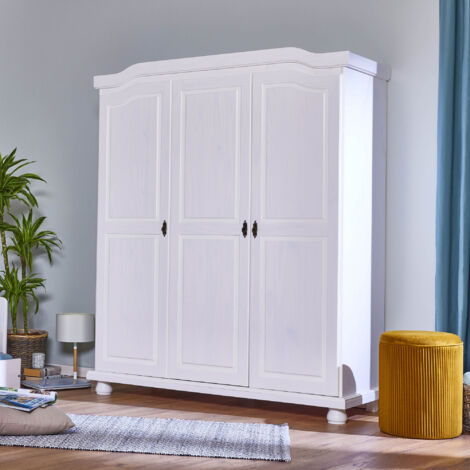 M&S – Armoire 3 portes en pin massif blanc 150x56x180 cm – Design élégant pour chambre – Livrée prête à monter