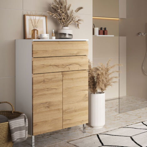 M&S – Armoire de salle de bains 60cm – 2 portes – Décor chêne – Pieds chromés – 2 étagères réglables – Meuble bas moderne