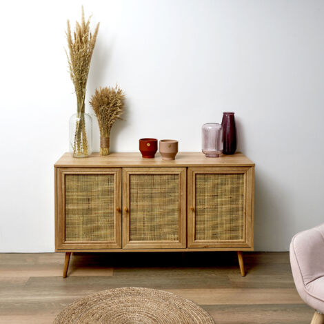 M&S – Buffet 3 portes 115x39x70 cm en bois et cannage naturel – Panneaux de particules robustes – Pieds en bois de pin style scandinave