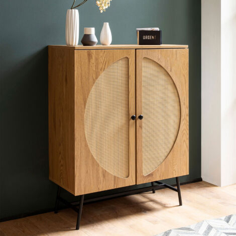M&S – Buffet haut 2 portes 80x39x103 cm en panneaux agglomérés effet chêne et tissage polyrotin – Style vintage et rustique – Poignées noires