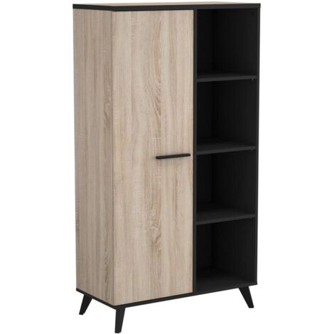 M&S – Buffet haut 83x39x154 cm chêne brossé et noir – 1 porte avec niches réglables – Design moderne pour rangement esthétique