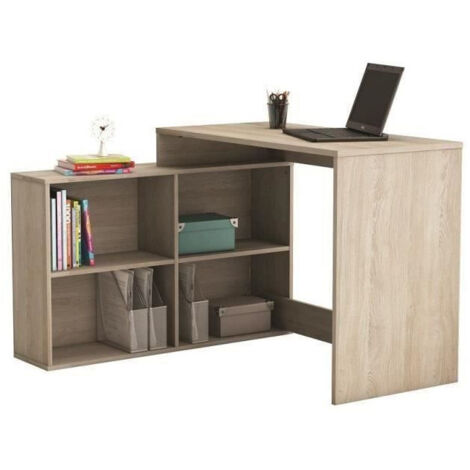 M&S – Bureau d'angle contemporain en chêne Shannon – L 112 x P 50 x H 77 cm – 4 niches de rangement – Montage à droite ou gauche