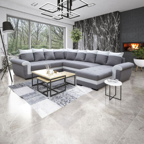 M&S – Canapé convertible d'angle réversible 6 places – Coloris gris et blanc – Dimensions 317x248/158x71 cm – Couchage 200x140 cm