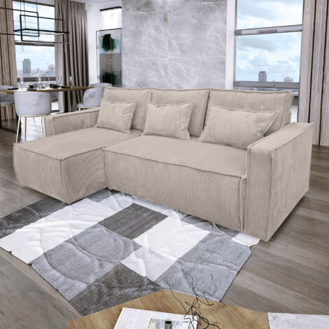 M&S – Canapé convertible d'angle réversible en velours côtelé beige – Structure en bois massif – Dimensions couchage 128 x 204 cm – Profondeur d'assise 86 cm
