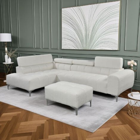 M&S – Canapé d'angle gauche avec pouf en tissu bouclette blanc – Garnissage mousse 28kg/m3 – Dimensions 271x89/182x88cm – Repose-têtes rectangulaires