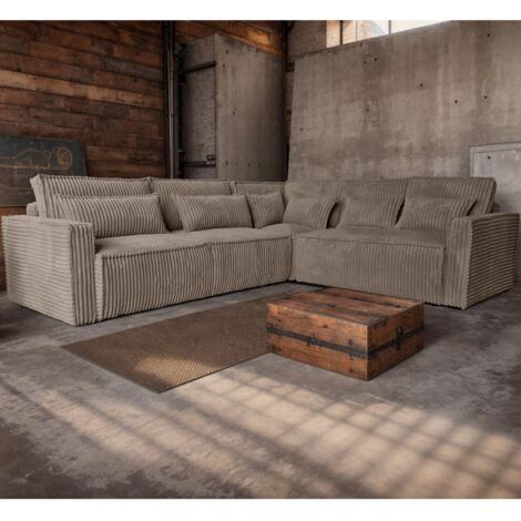 M&S – Canapé d'angle réversible 276 cm – Velours grosses côtes taupe – Structure en bois massif – Assise profonde en mousse polyuréthane