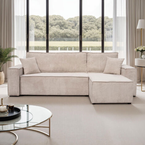 M&S – Canapé d'angle réversible 3 places en polyester beige – Convertible en lit d'appoint – Dimensions 244x142x83 cm – Coussins déco inclus