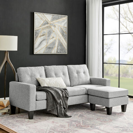 M&S – Canapé d'angle réversible avec pouf en microfibre gris clair – Structure en bois massif et contreplaqué – Rembourrage en mousse polyuréthane 25kg/m3