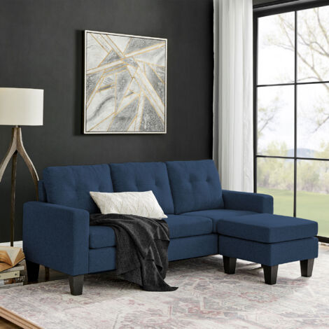 M&S – Canapé d'angle réversible en microfibre bleu – Dimensions 194x133cm – Assise mousse polyuréthane – Structure bois massif et contreplaqué