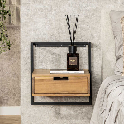 M&S – Chevet suspendu 1 tiroir en acacia naturel et métal – Dimensions 44 x 35 x 45 cm – Design industriel pour rangement esthétique