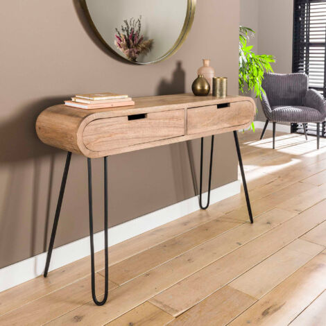 M&S – Console 2 tiroirs 120x30x76 cm en manguier et métal – Allure affinée et côtés arrondis – Rangement décoratif pour hall ou salon