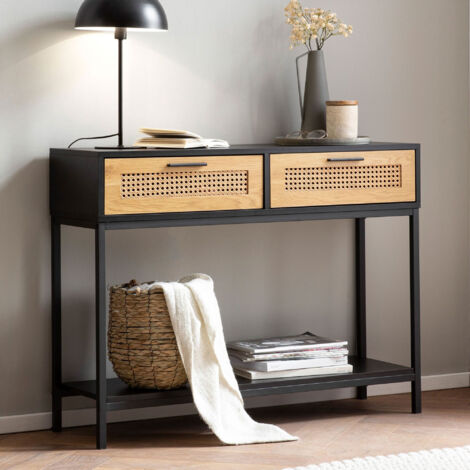 M&S – Console 2 tiroirs noir et naturel – Inserts effet rotin – Panneaux de particules mélaminés – Dimensions 100x30x75 cm
