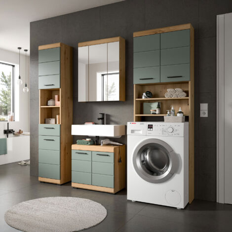 M&S – Ensemble de meubles de salle de bain chêne brun et kaki – Meuble de machine à laver avec rangement spacieux – Dimensions 63x24x191 cm