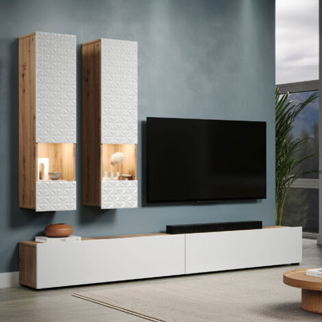 M&S – Ensemble de meubles de salon blanc et naturel – Meuble TV 120 cm – 2 colonnes de rangement 30x120 cm – Panneaux de particules et verre