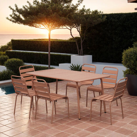 M&S – Ensemble table de jardin rectangulaire 160x90cm + 6 chaises en métal anti-rouille terracotta – Pour terrasse et balcon