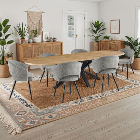 M&S – Ensemble table extensible 180-300 cm + 6 chaises tissu bouclette gris – 3 allonges intégrées – Piétement métal noir – Confort assise rembourrée