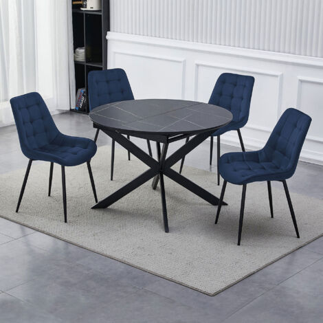 M&S – Ensemble table extensible effet marbre noir 110/150x110x76 cm – 4 chaises velours bleu 60x53x88 cm – Pieds métal noir