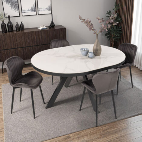 M&S – Ensemble table ovale céramique effet marbre blanc – 4 chaises velours gris – Structure métallique thermosoudée – Dimensions 160-200 x 120 x 76 cm