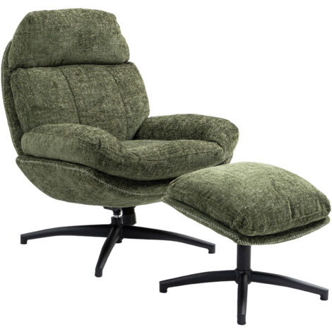M&S – Fauteuil et repose-pied en tissu kaki chiné – Dossier haut avec appui-tête – Structure en acier laqué noir – Confort optimal pour salon ou bureau