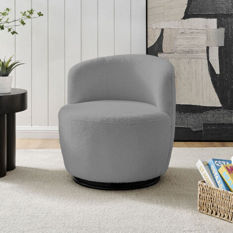 M&S – Fauteuil pivotant en tissu bouclette gris clair – Dossier demi-cercle – Assise ronde – Ressorts zigzag – Mousse polyuréthane 25kg/m3