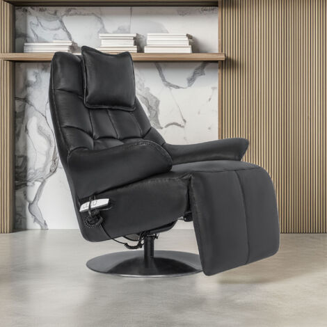 M&S – Fauteuil relax électrique en cuir de vache noir – Large assise – Dossier inclinable – Mécanisme à 2 moteurs – Dimensions 88x165x70cm