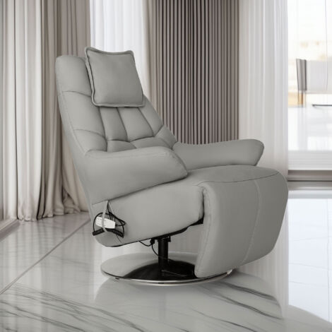 M&S – Fauteuil relax électrique en cuir gris – Inclinaison facile – Structure en bois massif – Mousse polyuréthane 70kg/m3 – Dimensions 88x83x110cm