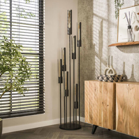 M&S – Lampadaire tube 7 lampes 35x186 cm métal noir – Abat-jours dénivelés – Éclairage LED – Design moderne pour salon