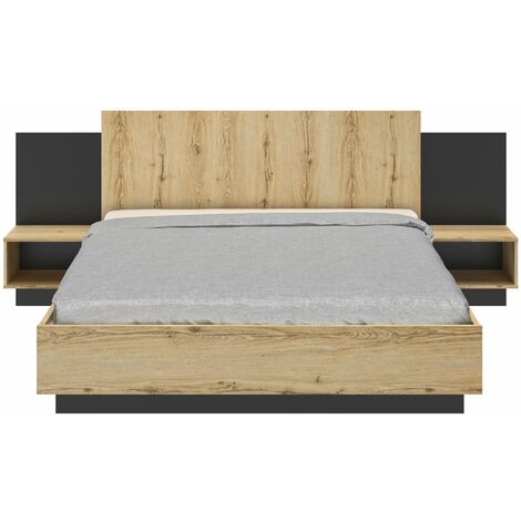 M&S – Lit adulte 160x200 cm avec tête de lit et 2 chevets – Panneaux imitation chêne Helvezia – Fabrication française – Dimensions totales 255x206x102 cm
