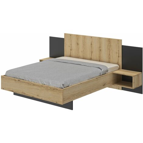 M&S – Lit avec tiroirs 140x190 cm – Chêne Helvezia – Ceinture de lit 22 mm – 2 chevets lambris intégrés – Fabrication française