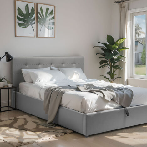 M&S – Lit coffre 140x190 en PU gris – Tête de lit capitonnée – Sommier à lattes en bois de peuplier – Structure en bois et contreplaqué