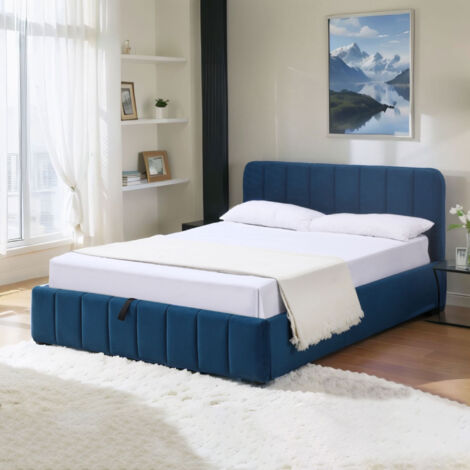 M&S – Lit coffre 140x190 en velours bleu – Tête de lit incluse – Sommier à lattes – Rangement sous le lit pour espace optimisé