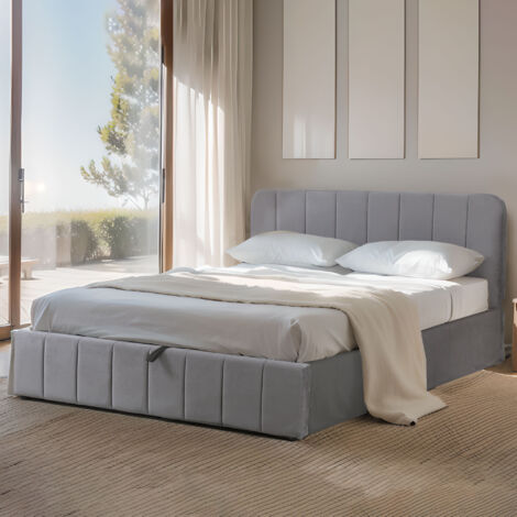 M&S – Lit coffre 140x190 en velours gris – Tête de lit design – Sommier à lattes en bois de peuplier – Rangement intégré pour petits espaces